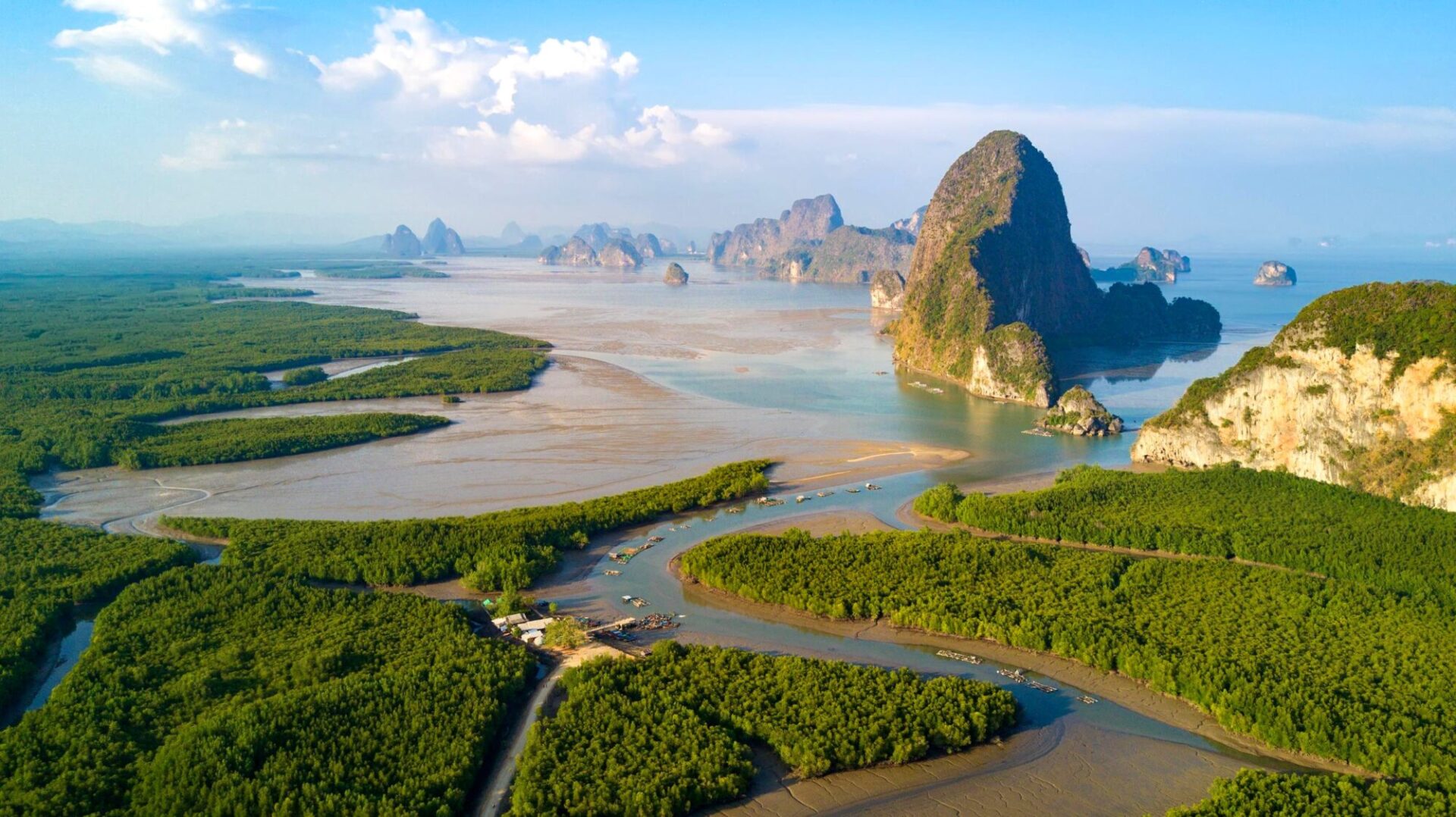 Aerial view of the Phang Nga bay with mangrove tree forest and hills in the Andaman sea, Thailand